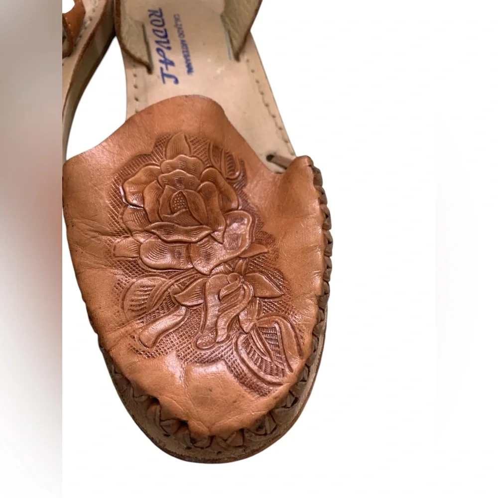 Tan Leather Sandals with Floral Tooled Embroidery and Ankle Straps
